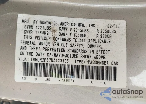 2013 Honda Accord Sport from USA, damaged, VIN 1HGCR2F57DA133535